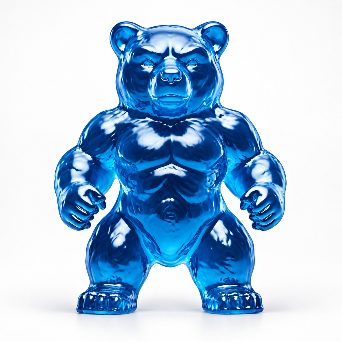 Blue muscular bear creatine gummy created from a custom commercial gummy mold