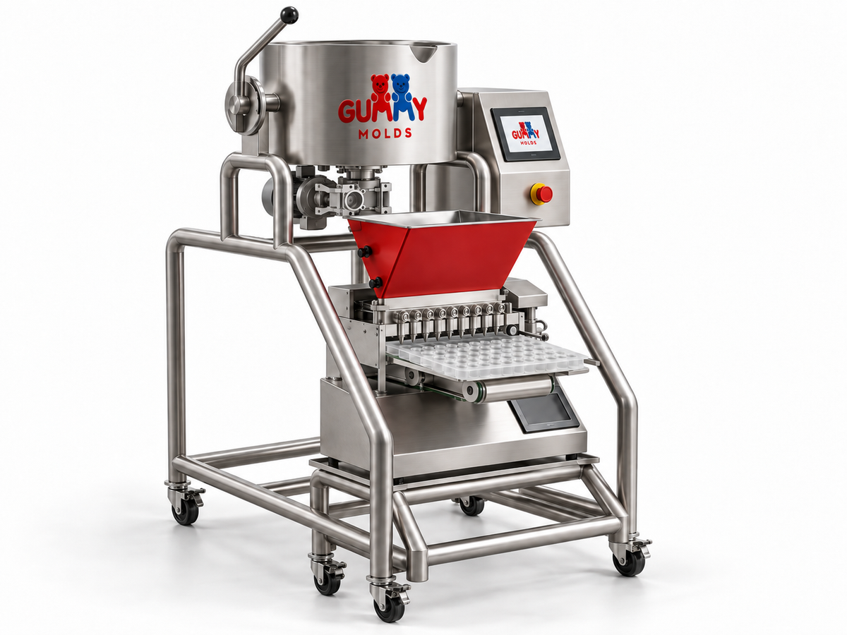 Commercial gummy production equipment with automatic depositor and integrated cooker
