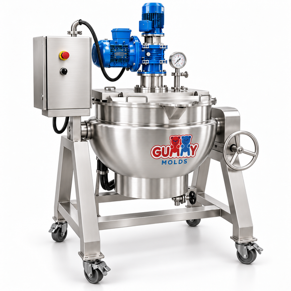 100L commercial gummy cooker with high-shear mixer and tilting stainless steel kettle by Gummy Molds