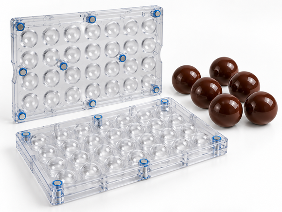 10g magnetic 2-piece polycarbonate chocolate sphere mold with 32 cavities and finished chocolate spheres