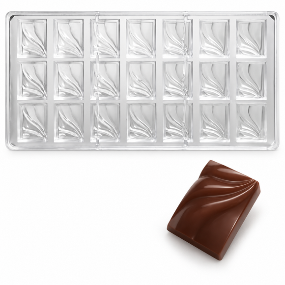 12g flowing wave polycarbonate chocolate bar mold with 21 cavities in three rows of seven and matching finished chocolate.