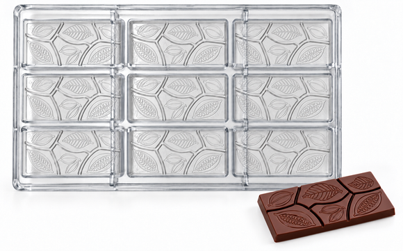 18g cacao pod and leaf polycarbonate chocolate bar mold with nine cavities in a three-by-three layout and a matching decorative chocolate bar.