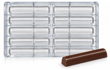 32.5g smooth polycarbonate chocolate stick mold with ten unsegmented cavities in five rows of two and a matching rounded chocolate stick.