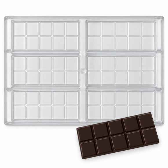 46g 10-piece polycarbonate chocolate bar mold with six bar cavities and finished 2 by 5 segmented chocolate bar