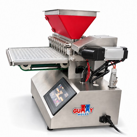 Side view of Gummy Molds 10-nozzle commercial gummy depositor showing touchscreen, servo drive, red heated hopper and mold tray
